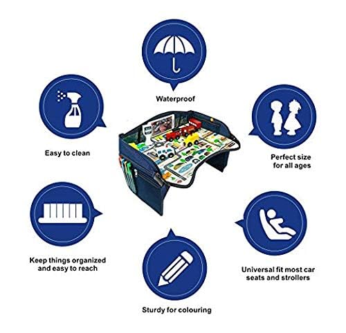 Coolmum Kids Travel Tray, Toddler Car Seat Tray, Double Sided Activity Organizer, Snack Lap Table, Baby Stroller Tray, Airplane Play Table, Waterproof and Foldable (Premium Blue)