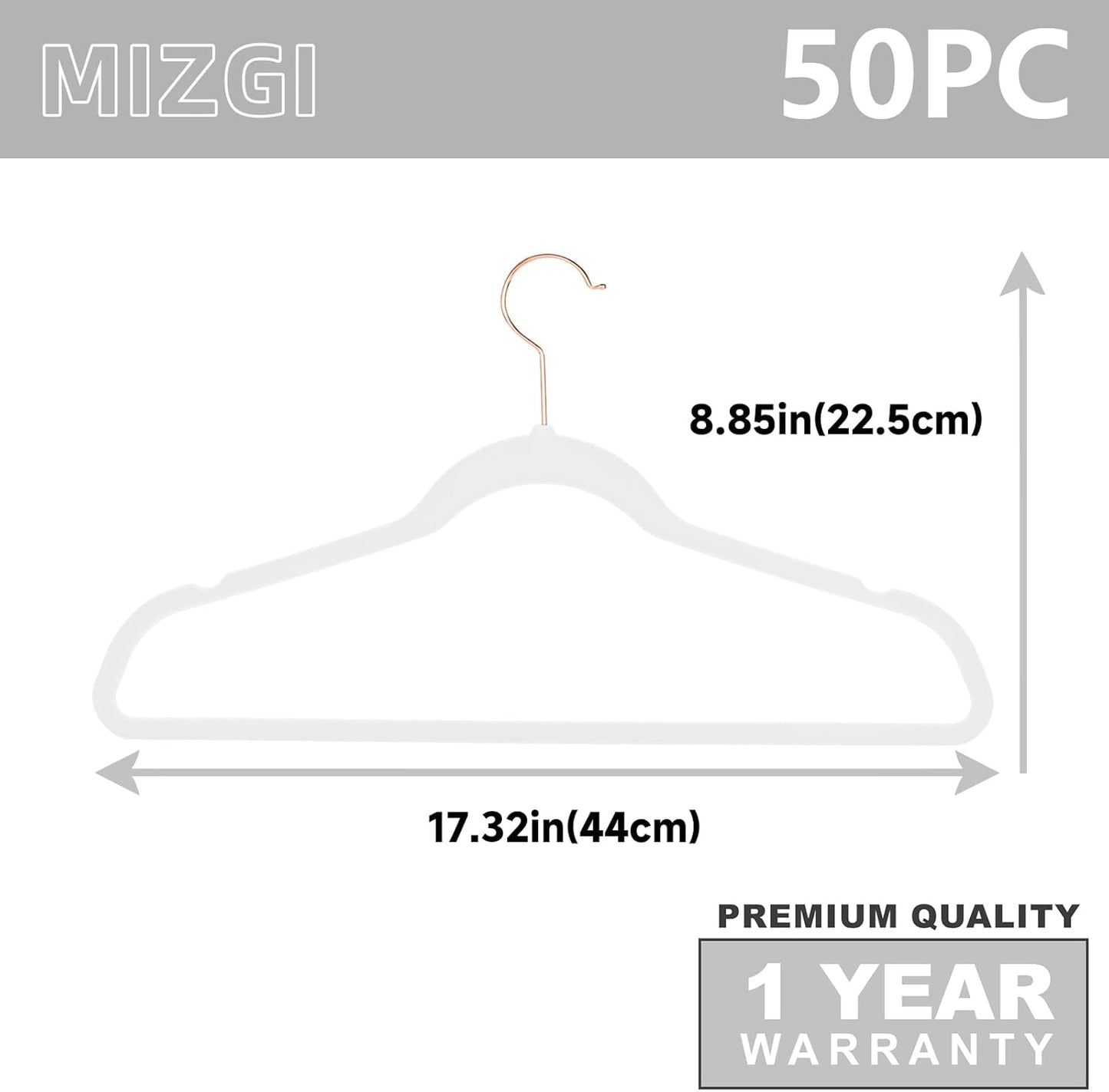 MIZGI Premium Velvet Hangers (50 Pack) Heavy Duty - Non Slip Felt Hangers - White - Rose Gold Swivel Hooks,Space Saving Clothes Hanger,Durable Strong Hanger for Suits,Coats,Dress