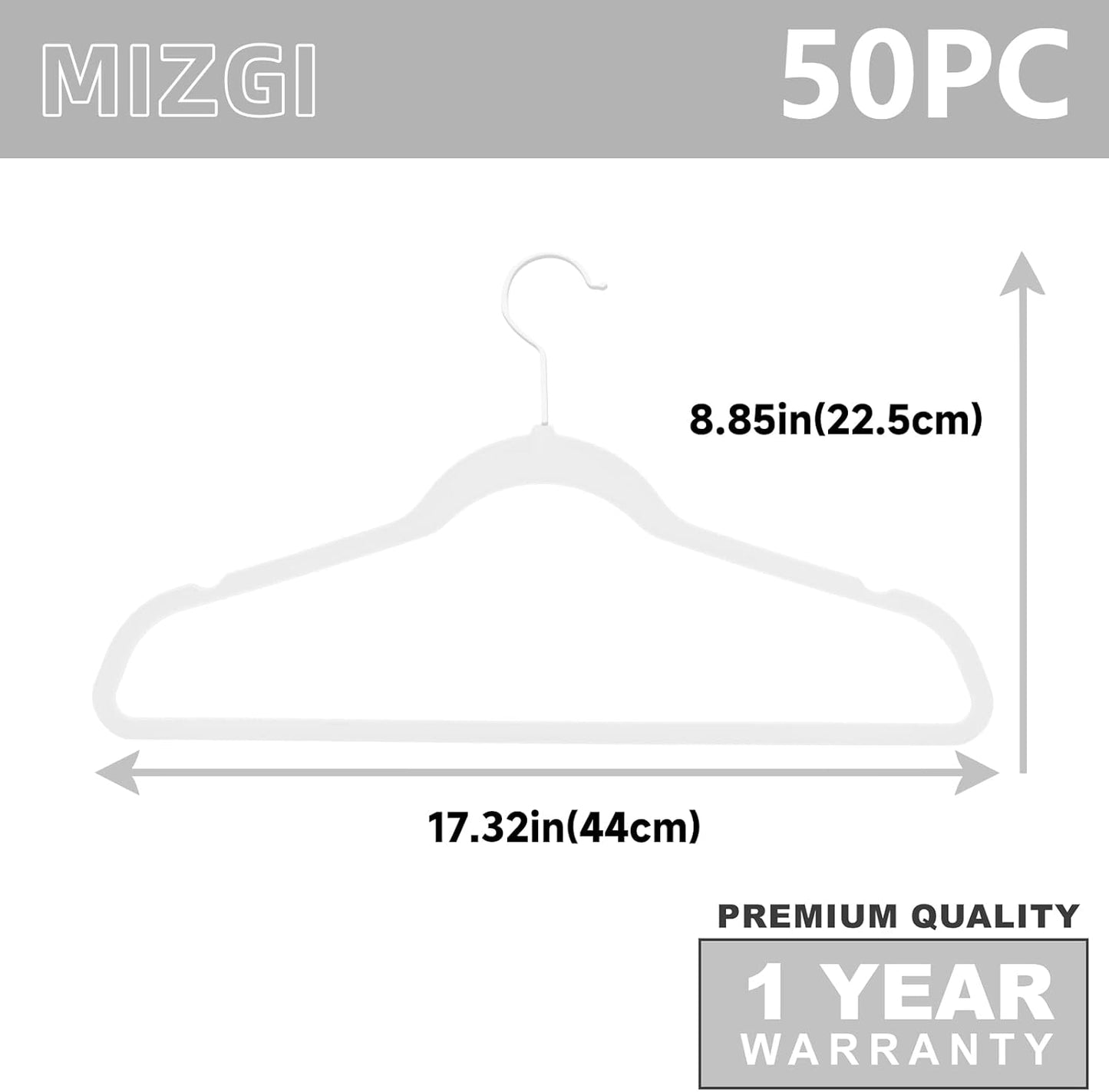 MIZGI Premium Velvet Hangers (50 Pack) Heavy Duty - Non Slip Felt Hangers - Velvet Suit Hanger White - White Coated Hooks,Space Saving Clothes Hanger