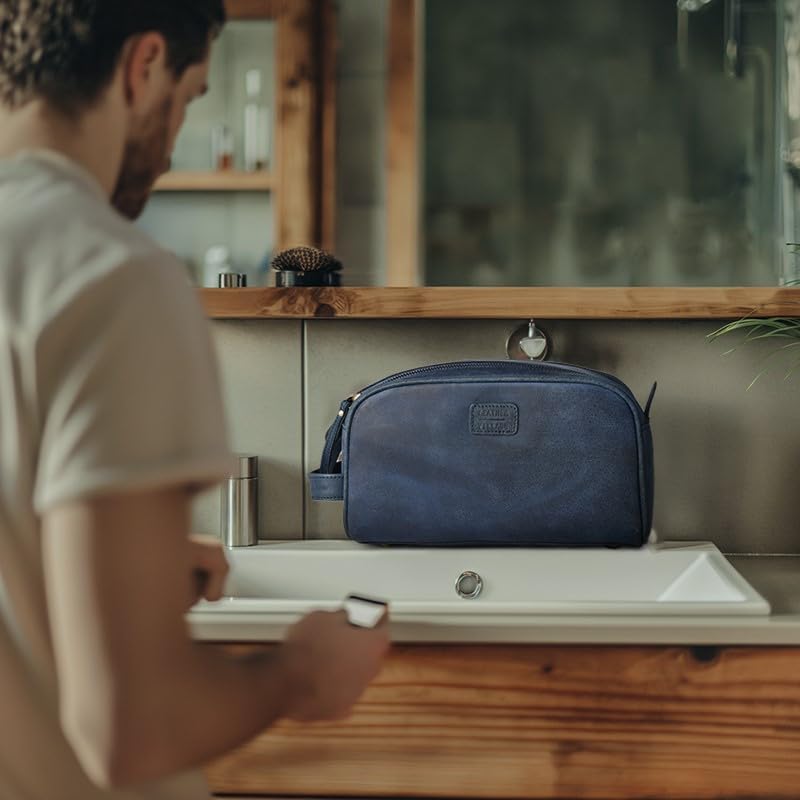 LEATHER VILLAGE Premium Leather Toiletry Travel Pouch With Waterproof Lining - Blue | King-Size Handcrafted Vintage Dopp Kit Bag