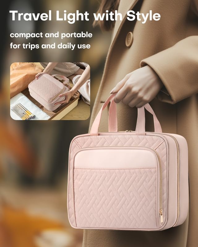 HOTOR Travel Toiletry Bag for Women & Men, Waterproof Makeup Bag with Hanging Hook and Multiple Pockets, Cosmetic Bags for Women, Travel Essentials, 12.6'' x 4.3'' x 9.9'', Pale Pink