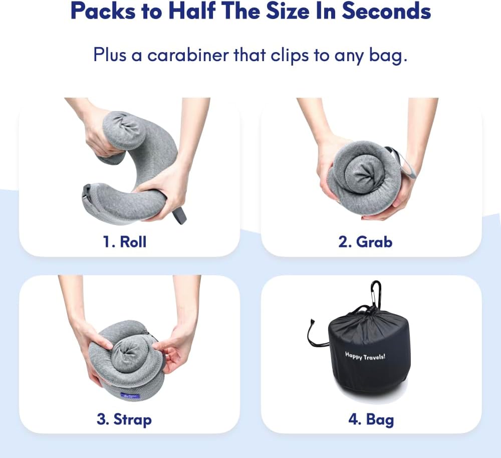 C CUSHION LAB Travel Pillow, Award-Winning Patented Ergonomic Design for Chin & Neck Support Memory Foam Neck Pillow, Compact Airplane Pillow for Traveling, Flight, Car (Gray, Large)