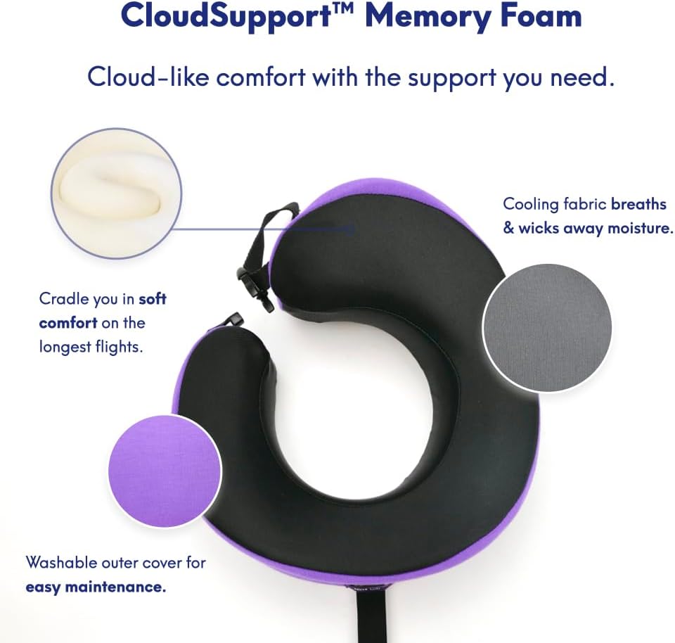 C CUSHION LAB Travel Pillow, Award-Winning Patented Ergonomic Design for Chin & Neck Support Memory Foam Neck Pillow, Compact Airplane Pillow for Traveling, Flight, Car (Royal Purple, Large)