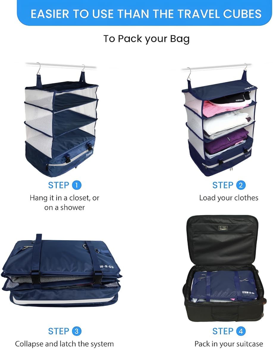 Grand Fusion Stow-N-Go Travel Luggage Organizer – Portable Hanging Travel Shelves, Carry-On Closet Organizer, Hanging Packing Cubes, Collapsible Carry-On Organizer for Cruises & Hotels. Blue - XL