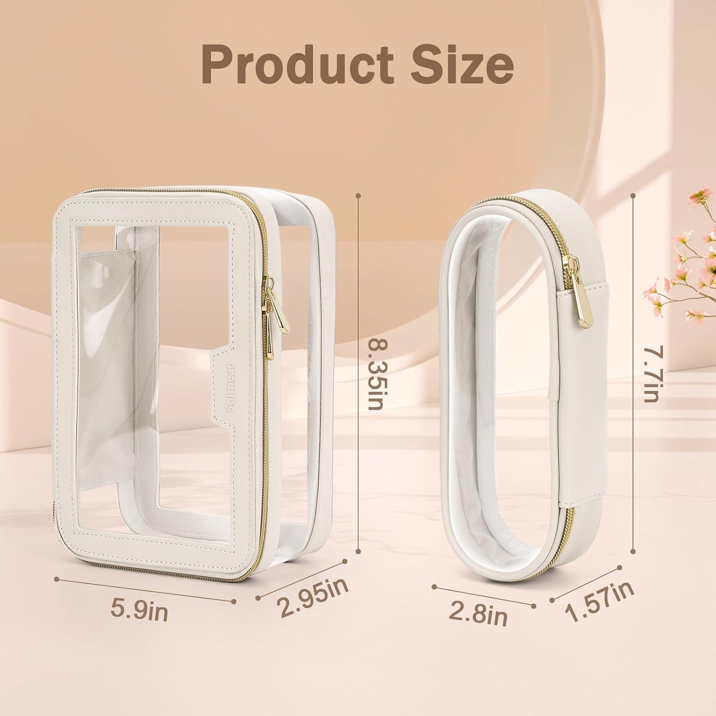 Travel Clear Makeup Bag with Makeup Brush Bag, Leather Makeup Case Toiletry Bag, Portable Cosmetic Bag Case, Transparent Waterproof Cosmetic Organizer Storage Bag for Women, Medium, Off-White