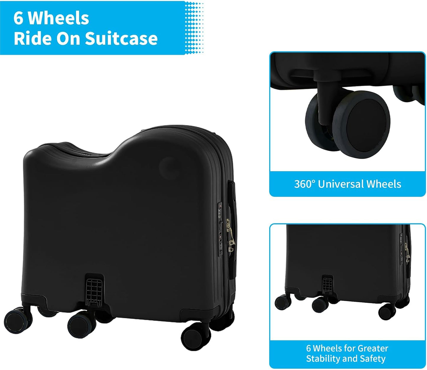 TABU Ride-on Luggage with Handbag for Kids,Hardshell Carry On Suitcase with Hidden Cup Holder, Foldable Pedal,Type-C & USB Interface, TSA Lock, 6-Spinner Wheels, Black