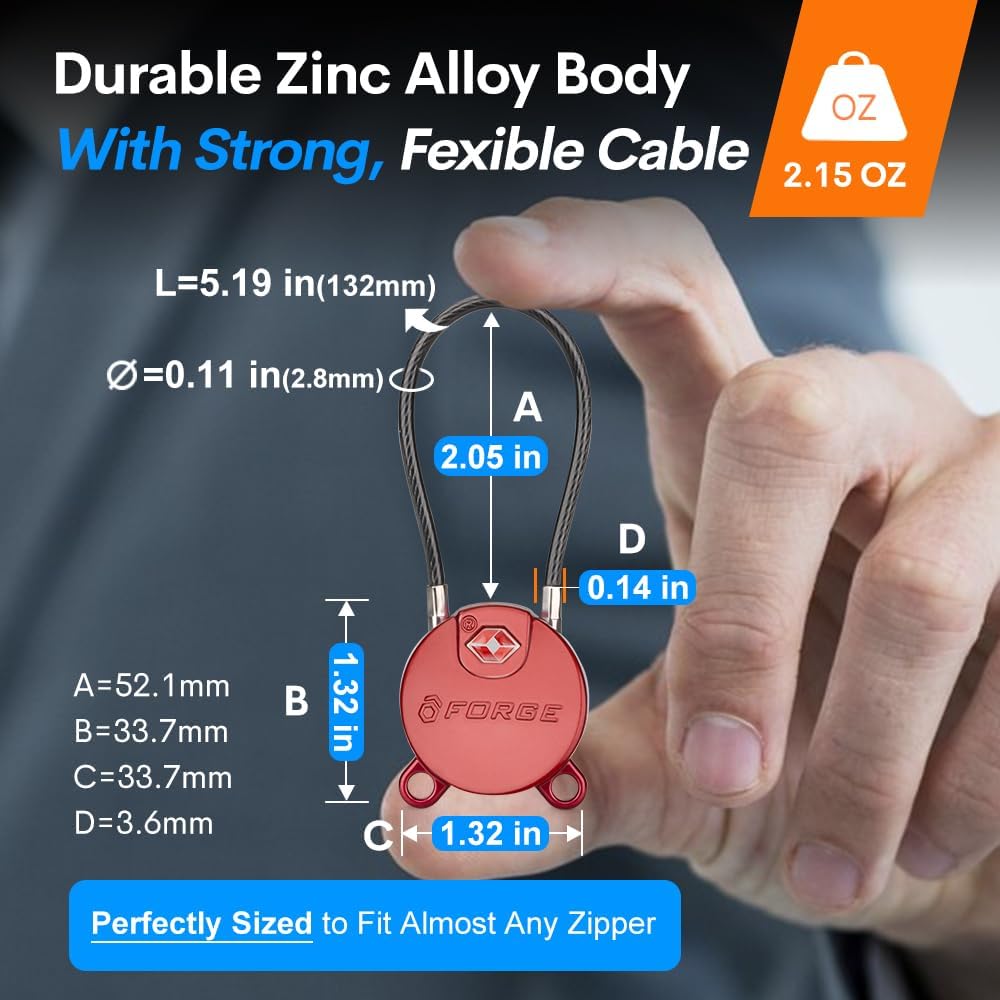 Forge TSA Approved Luggage Locks Ultra-Secure Dimple Key Travel Cable Locks with Zinc Alloy Body- 4 Locks, Black, Blue, red, Green.