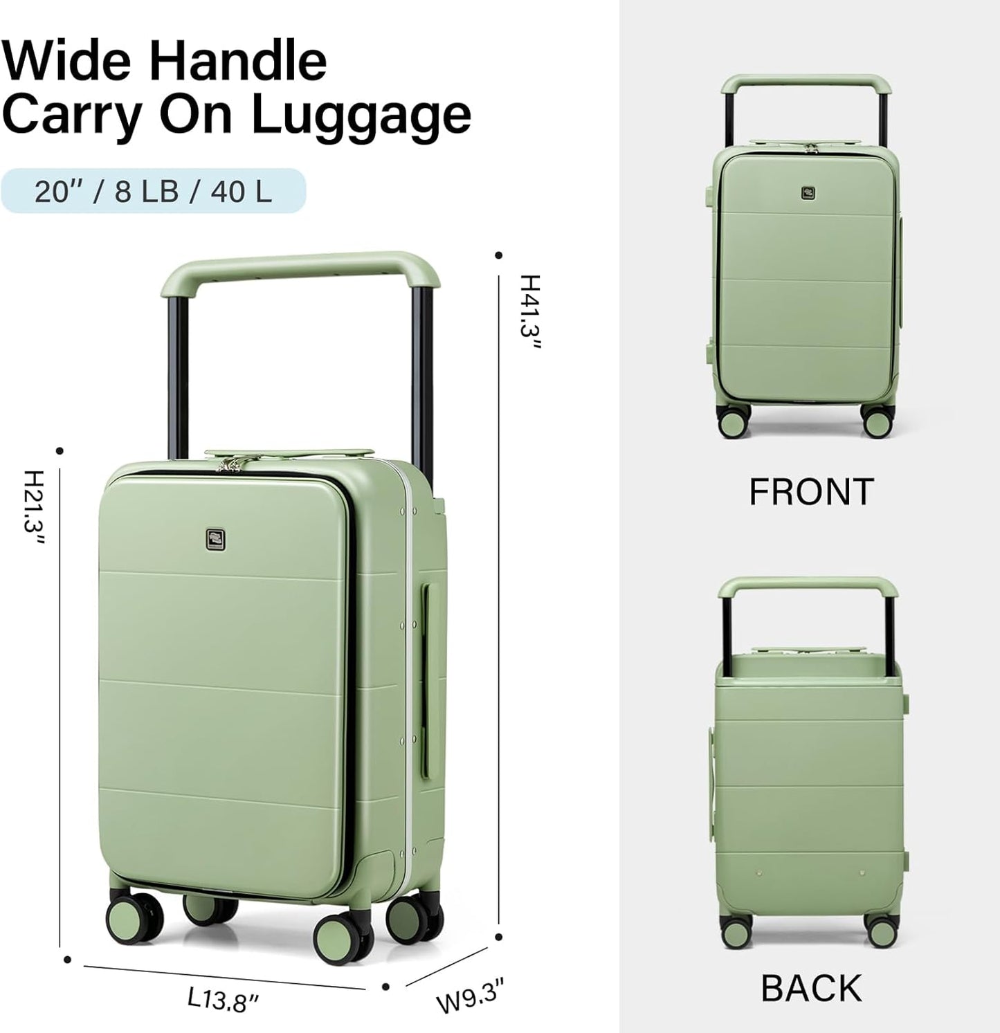 Hanke Top Opening Carry On Luggage, 20 Inch Zipperless Aluminum Frame Wide Handle Luggage, All-PC Hard Shell Trunk Suitcase with Spinner Wheels, TSA Airline Approved (Bamboo Green, 40L)