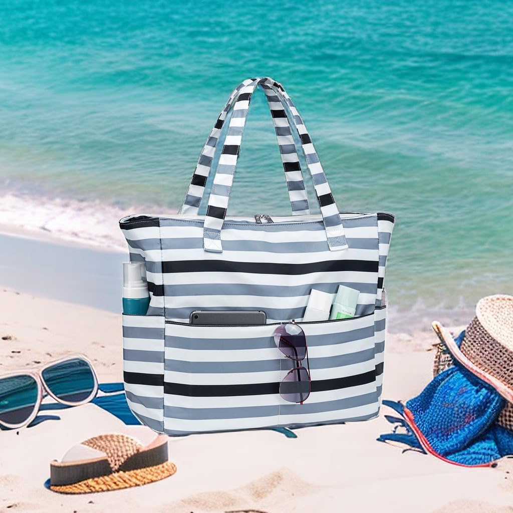 LEDAOU Beach Bag Waterproof Sandproof Women Tote Bag Pool Bag with Zipper for Gym Grocery Travel with Wet Pocket
