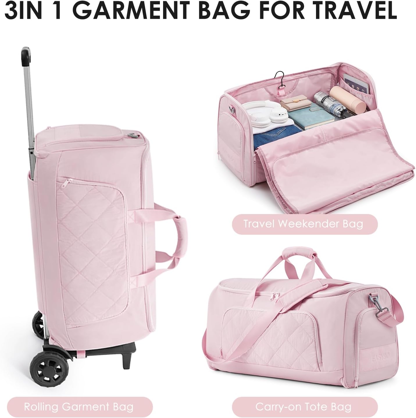 Rolling Garment Bag for Travel,Duffle Garment Bag with Wheels and Shoe Compartment for Men and Women,3 in 1 Suit Dress Bags with Wheels (Pink)
