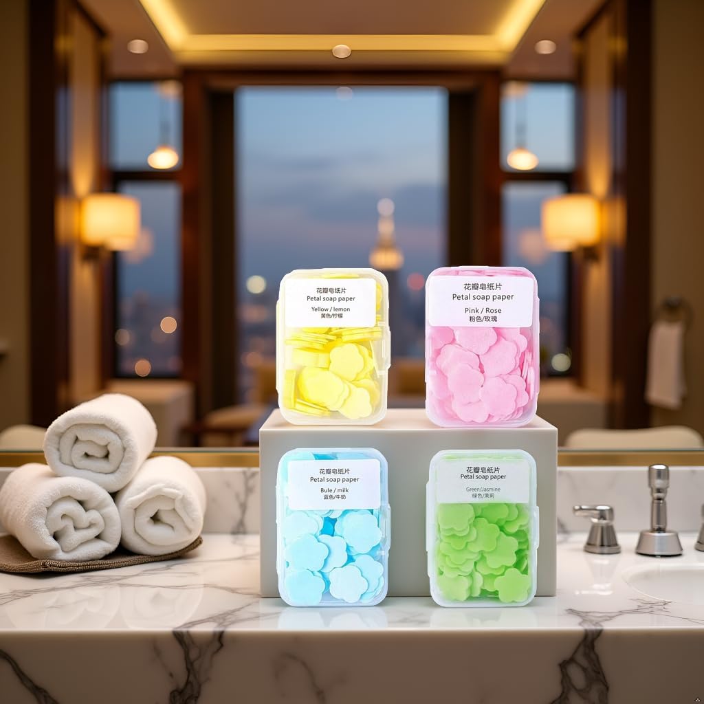 4 Boxes Paper Soap, 4 Different Scented Mini Fresh Portable Disposable Petal Hand Wash Sheets, Dissolvable Hand Bath Soap, Suitable for Outdoor, Travel, Camping (Approx 400 Sheets)