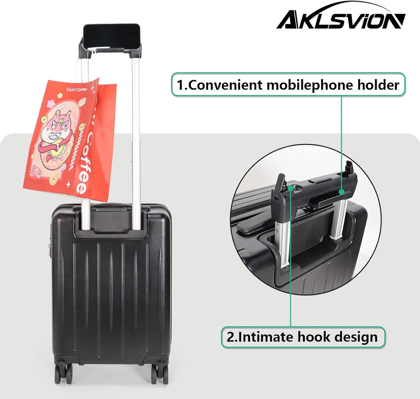 18-inch Carry-on Boarding Luggage: Equipped with Movable Wheels, TSA Approved,Under the Seat, Hard Shell Construction, Lightweight Bag with Essential Accessories (Jet Black)