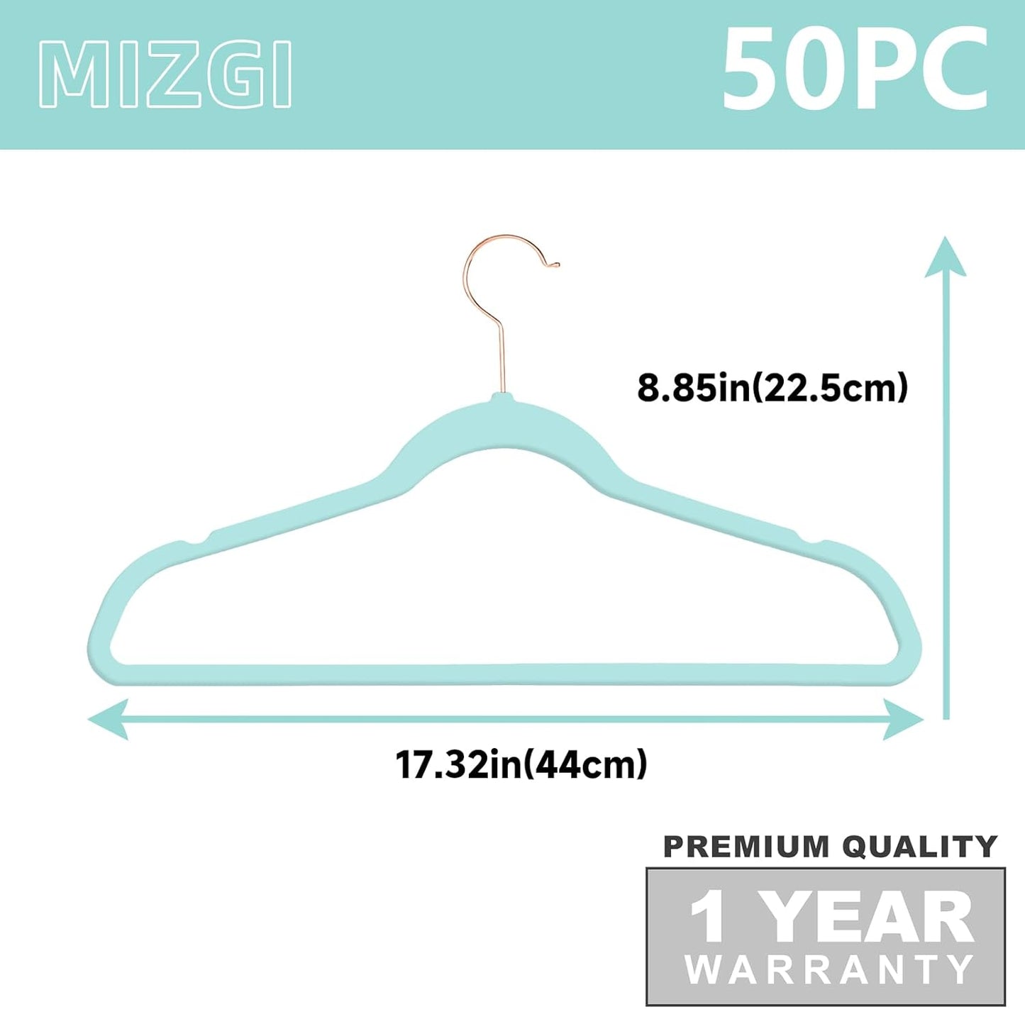 MIZGI Premium Velvet Hangers - Heavy Duty Non Slip Felt Hangers (50 Pack) - Aqua Blue & Rose Gold Hooks, Space Saving & Durable for Suits & Coats