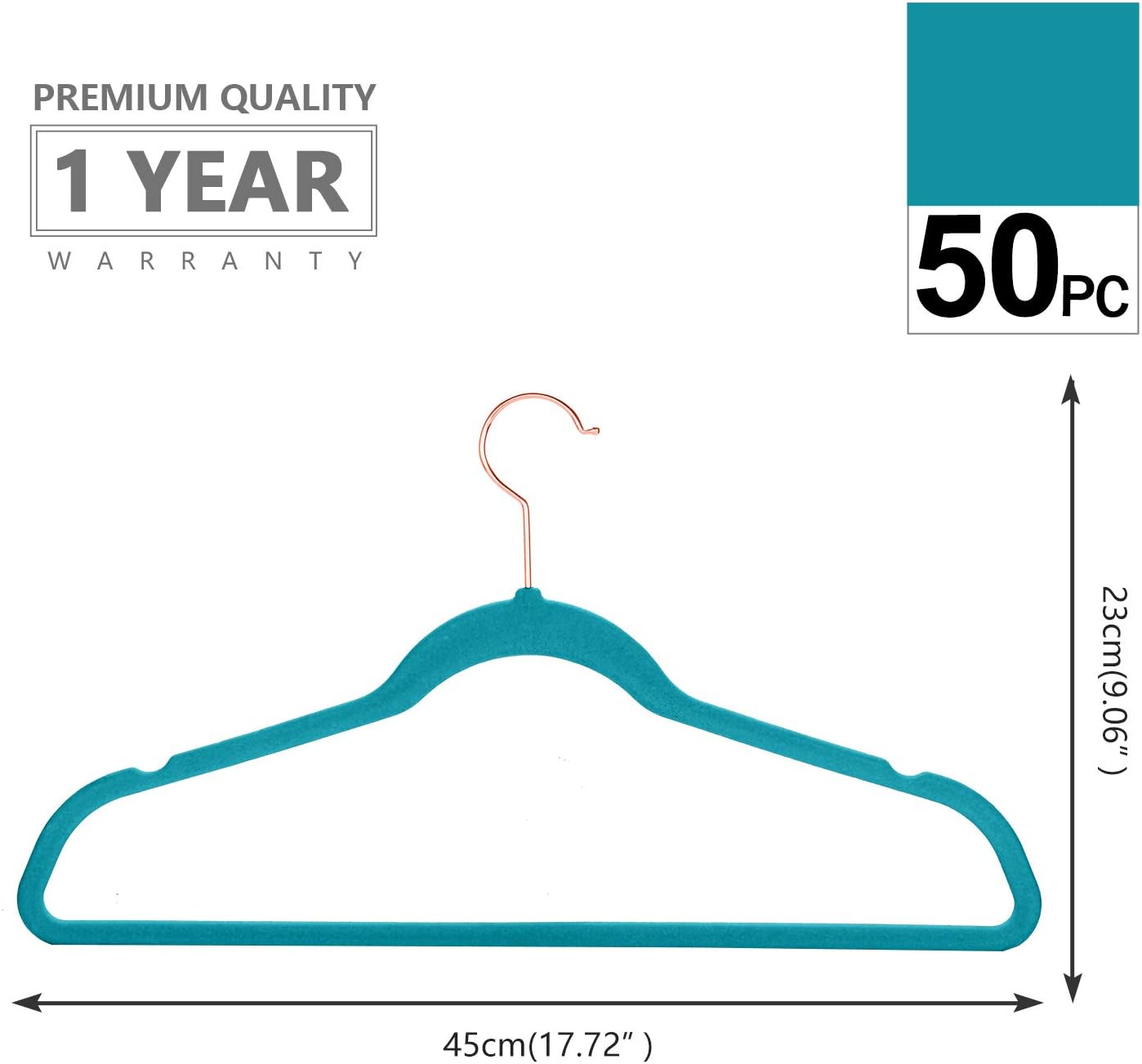 MIZGI Premium Velvet Hangers (50 Pack) Heavy Duty - Non Slip Felt Suit Hanger Teal/Turquoise - Rose Gold Hooks,Space Saving Clothes Hanger