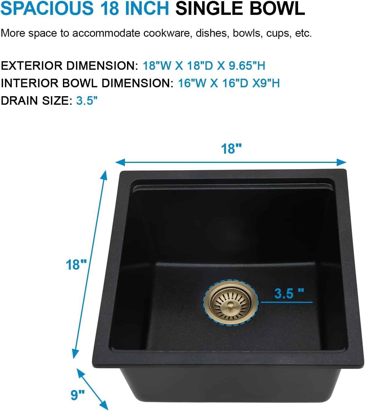 18 Black Granite Composite Bar Sink 18x18 Single Bowl Granite Composite Undermount Small Kitchen Sink Small Wet Bar Sinks with Workstation Quartz Natural Stone