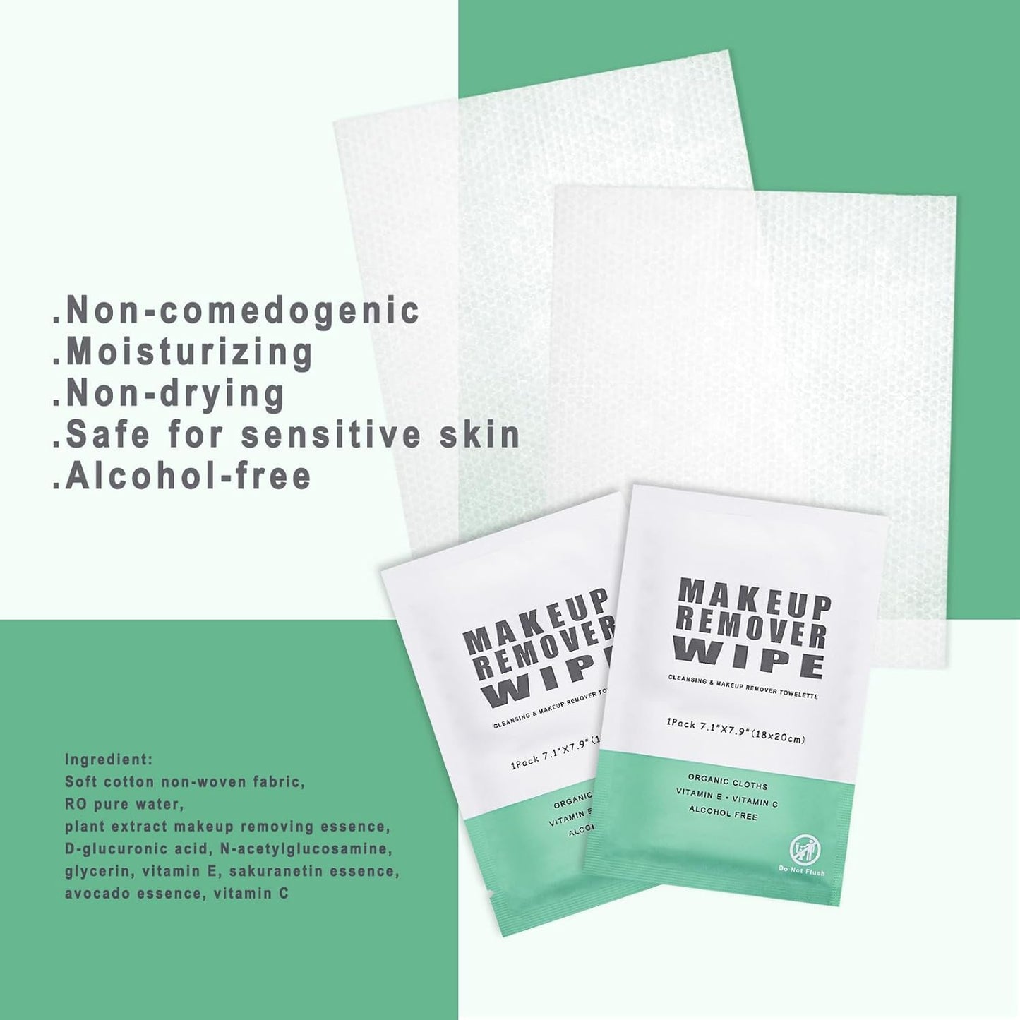 100 pcs Disposable Skin Cleansing Wipes, Individual Wrapped, Safe, Convenient, Lightweight, Remove Makeup(Green)