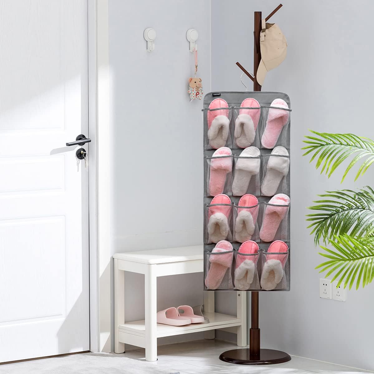 Dual Sided Hanging Shoe Organizer for Closet with Rotating Hanger Hanging Shoe Rack Holder with 24 Large Pockets (Grey-Mesh Pockets)