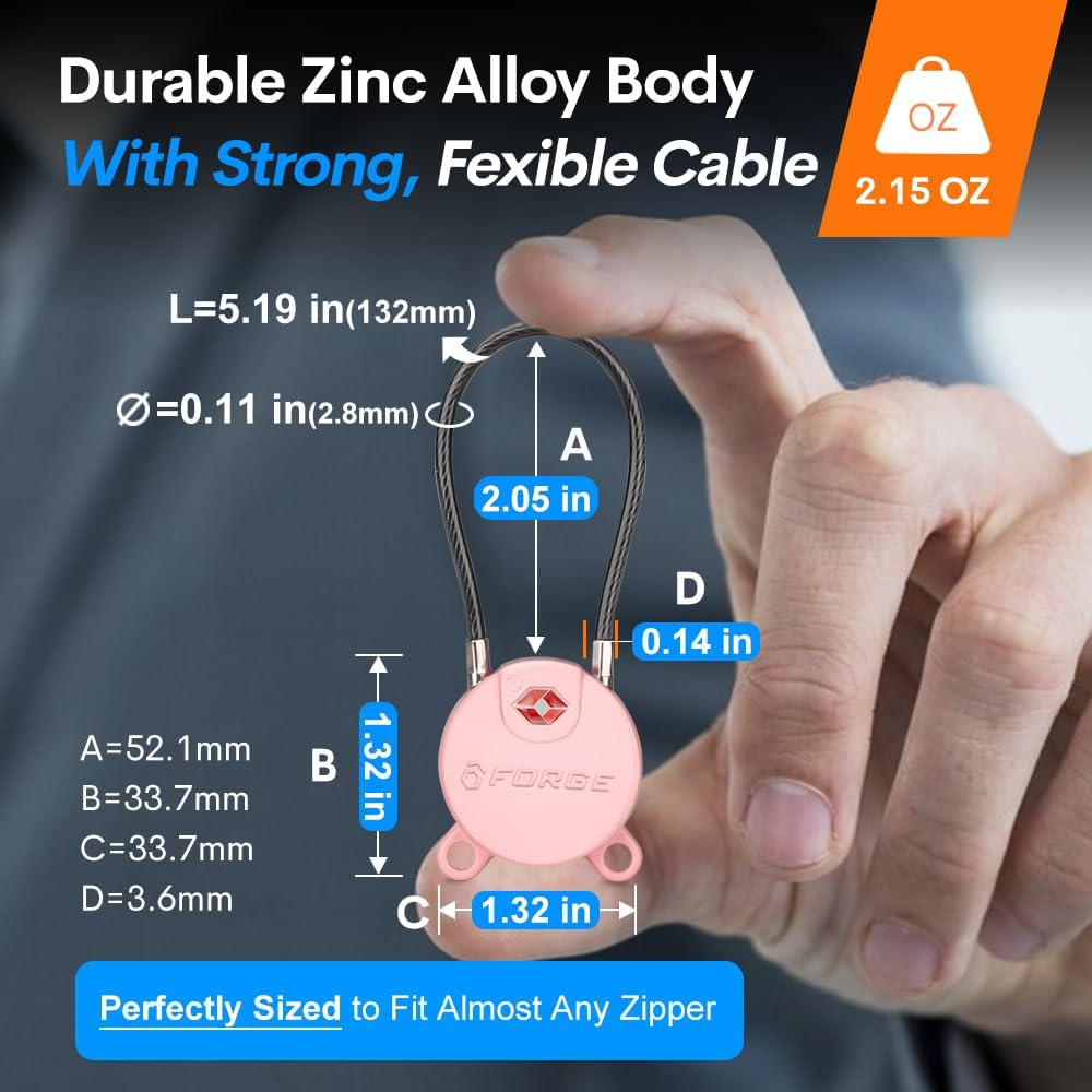 Forge TSA Approved Luggage Locks Ultra-Secure Dimple Key Cable Locks for Travel with Zinc Alloy Body- 2 Pink Locks
