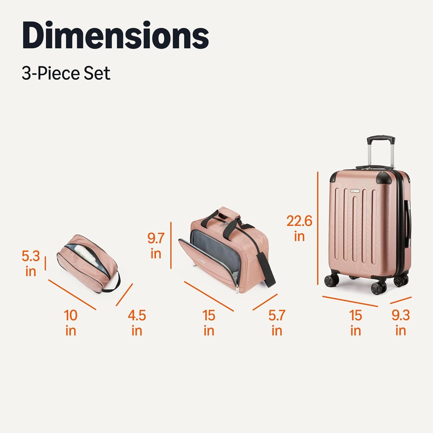 Amazon Basics 3-Piece Luggage Set, Including One Carry-On Luggage (22" Expandable Hardside Suitcase With 8 Spinner Wheels), One 15-inch Tote Bag, and One 10-inch Compact Travel Bag, Rose Gold