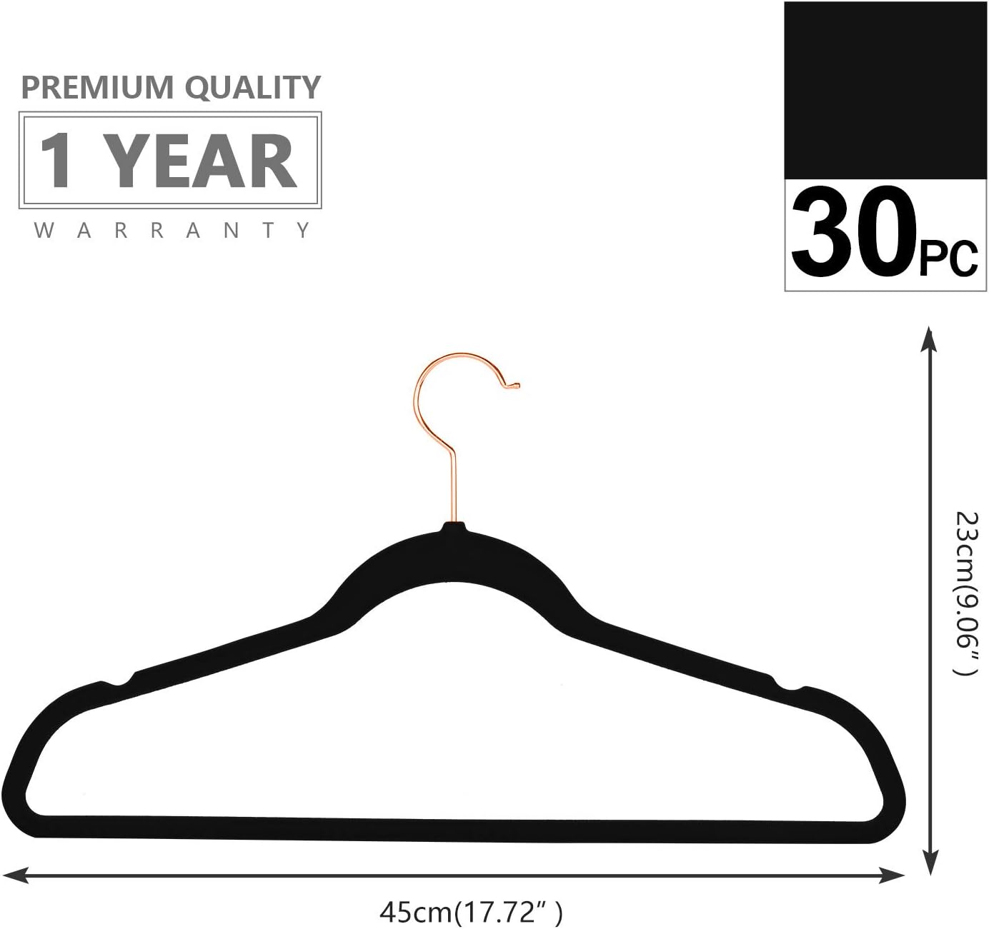 MIZGI Premium Velvet Hangers (30 Pack) Heavy Duty- Non Slip - Velvet Suit Hangers Black - Copper/Rose Gold Hooks,Space Saving Clothes Hangers (Black)