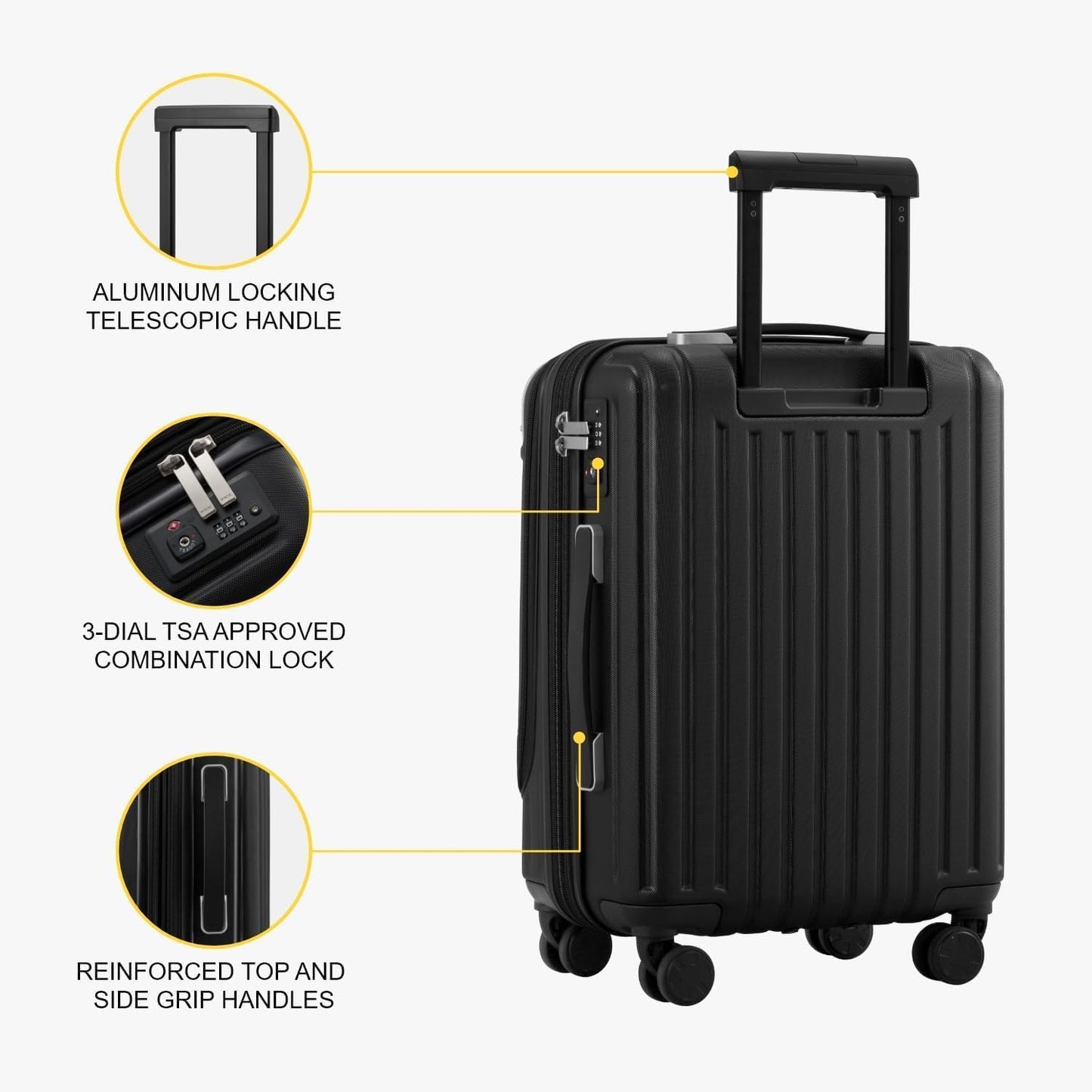 LEVEL8 Grace Carry on Luggage, 20 Inch Hard Shell Suitcases with Spinner Wheels, Abs+Pc Hard Case Luggages with Tsa Lock, Black