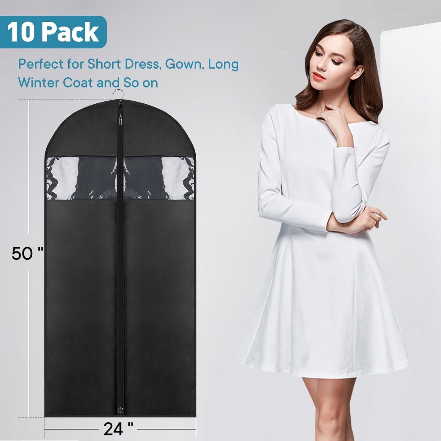 50" Black Garment Bag, Mens Suit Bags for Closet Storage and Travel, Garment Bags for Hanging Clothes, Suit Cover Bags with Zipper for Coats, Dresses, Shirts, 10 Packs