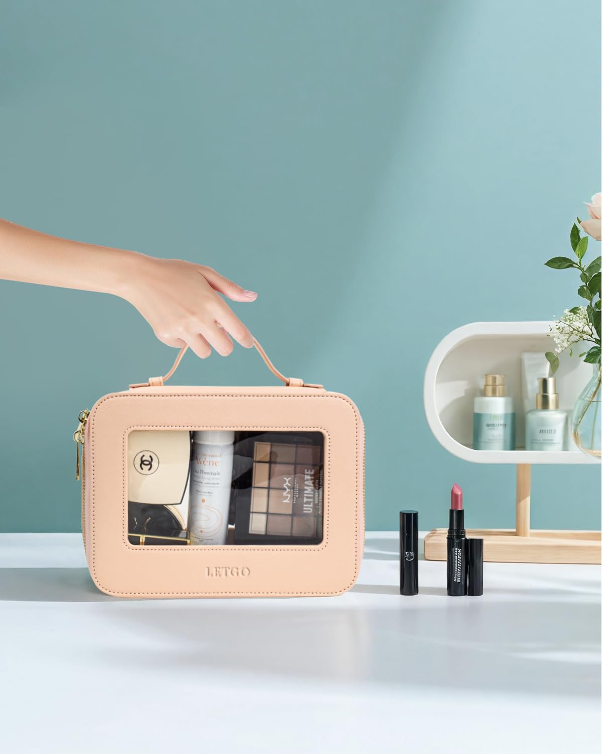 LETGO Clear Makeup Bag Travel Cosmetic Case Transparent Toiletry Bag with Zipper, Portable Make Up Organizer Traveling Compact Car Bag for Essentials (A-Nude)