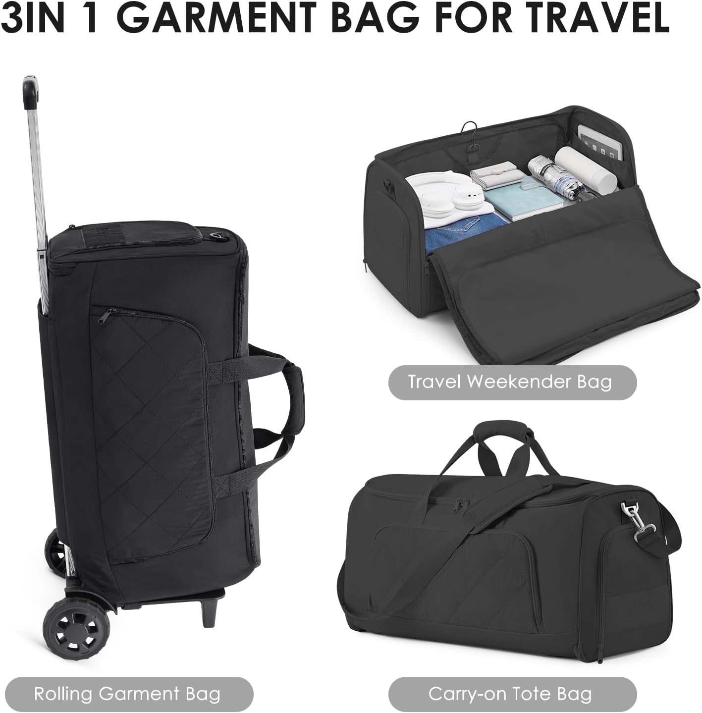 Rolling Garment Bag for Travel,Duffle Garment Bag with Wheels and Shoe Compartment for Men and Women,3 in 1 Suit Dress Bags with Wheels(Black)