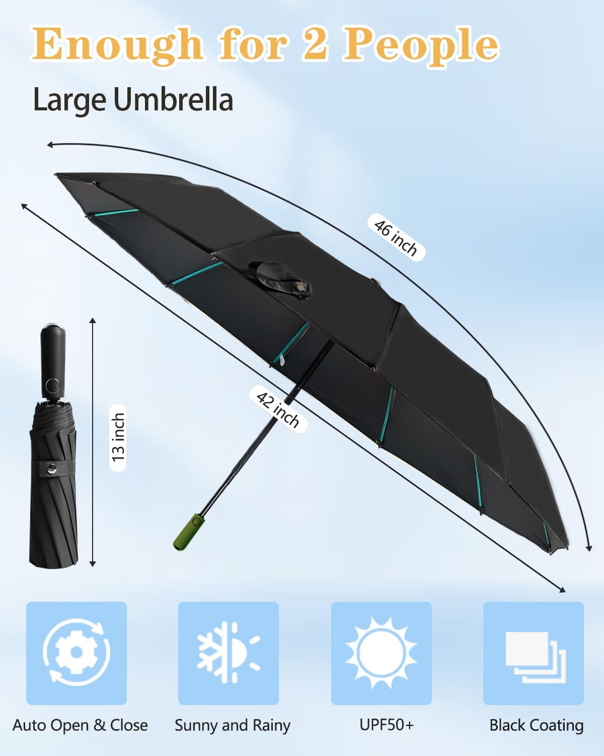 Large Double-Ribs Umbrella Automatic Folding Umbrella for Women Men, Travel, UPF 50+ UV Protection