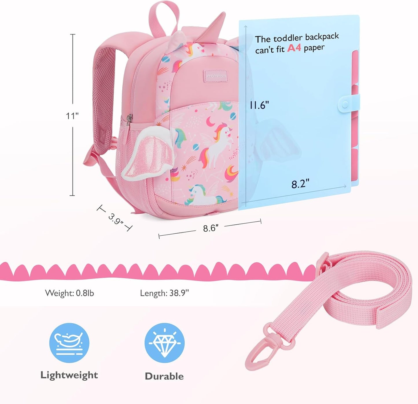 mommore Toddler Backpack for Girls 2-4 Neoprene Unicorn Backpack with Kids Leash, 3D Cartoon Preschool Kindergarten Bookbag for Pre-k, Pink