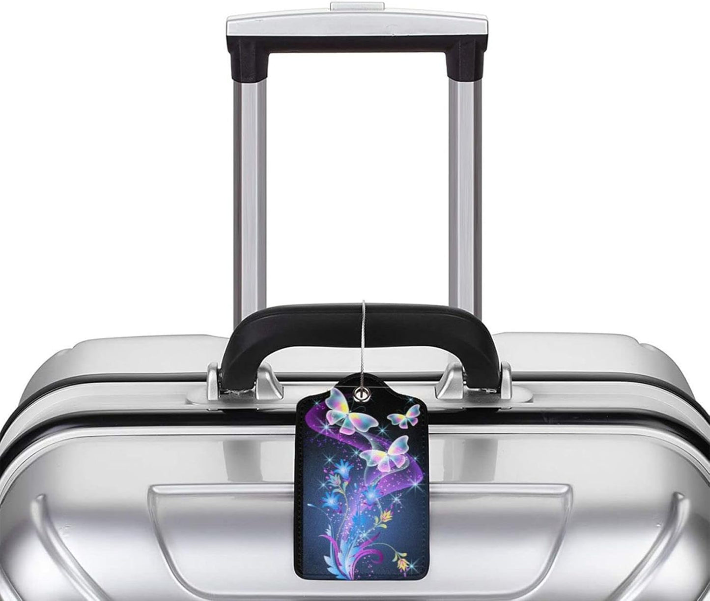 2Pcs Glowing Flowers and Butterfly Luggage Tags, Colorful Fancy Name ID Identifier Labels for Suitcase Baggage Travel Bag, Shine Aesthetic Leather Bag Tags with Full Privacy Cover