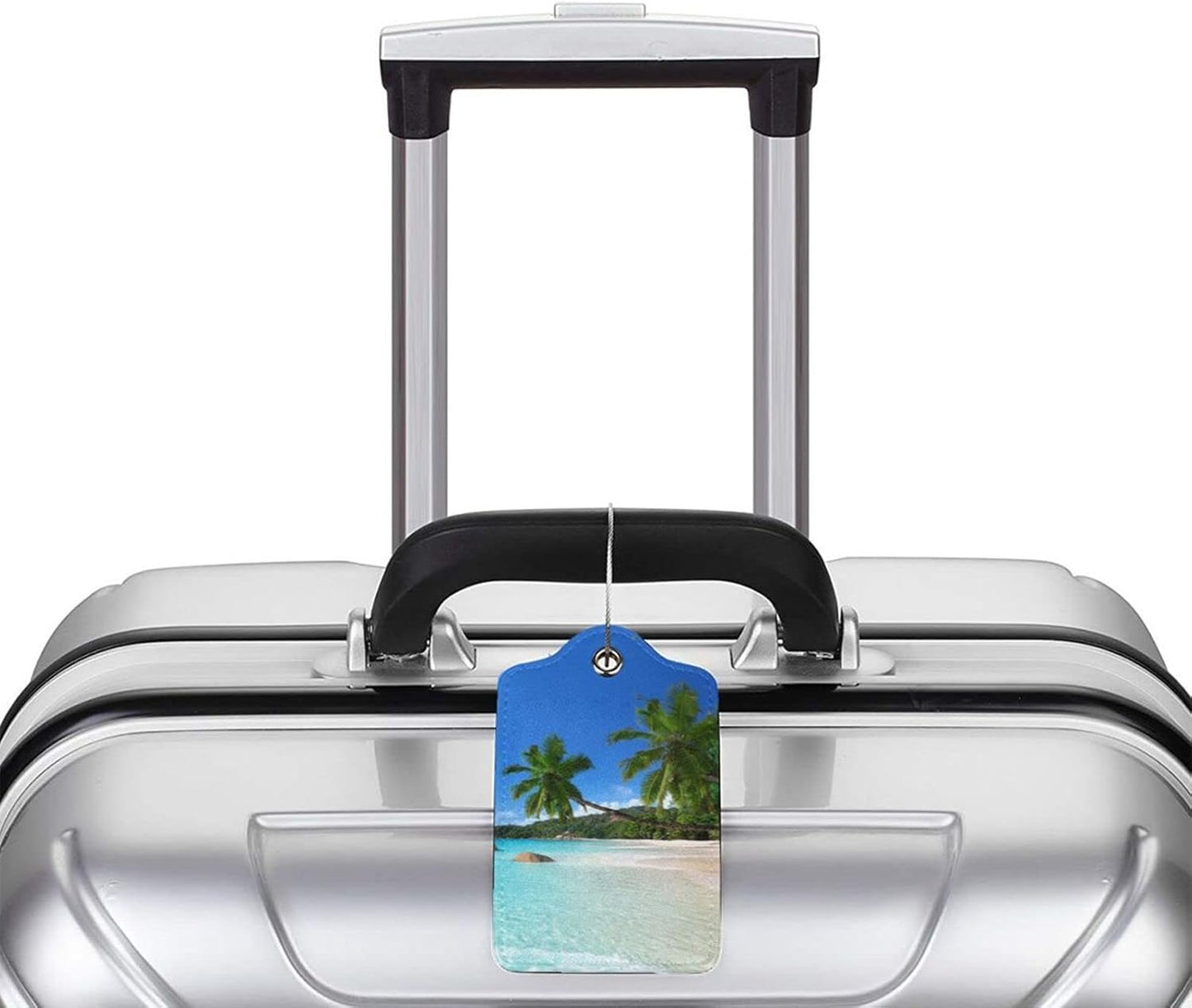 2Pcs Tropical Palm Trees Luggage Tags with Beach Landscape, Beautiful Identifier Labels with Blue Sky Background for Suitcase Baggage Bag, Travel Tags with Privacy Cover Id Card Stainless Steel Loop