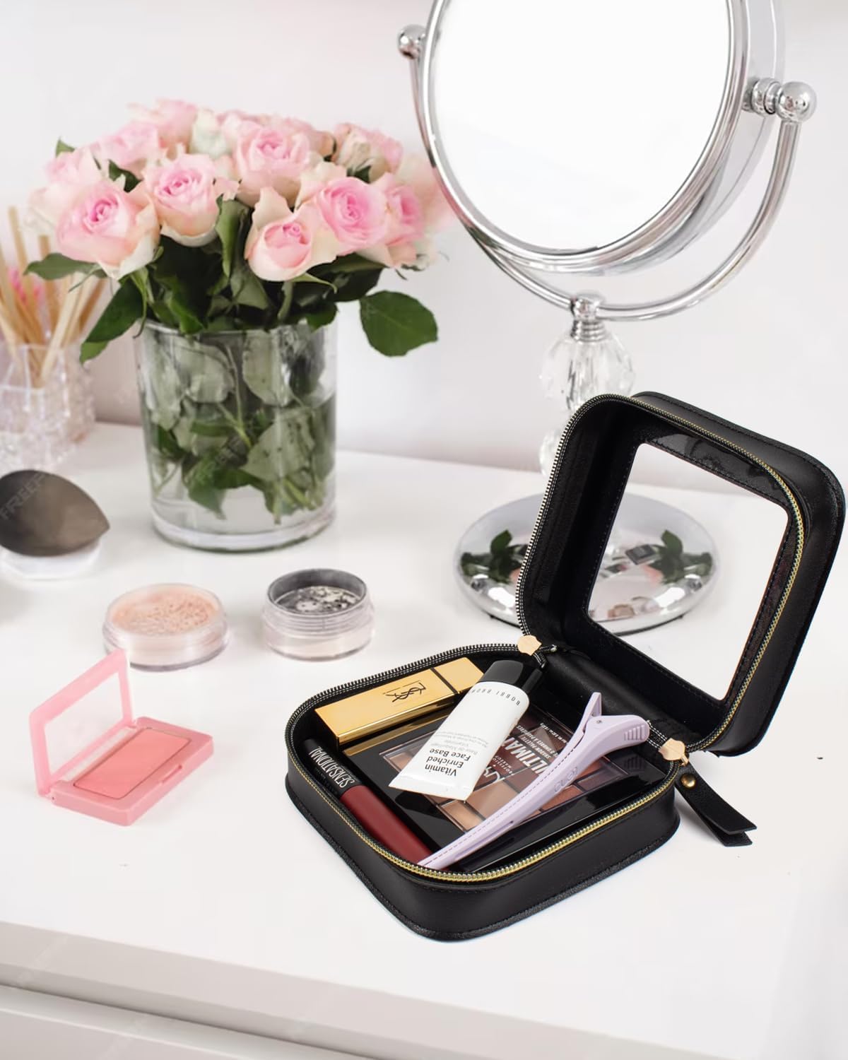 2 Pcs Clear Makup Bag Set, Clear Cosmetic Bags with Zipper Waterproof Small Travel Cosmetic Case Cute Make Up Pouch Mini Car Essentials for Women Travel Car Organizer (Mini Black)