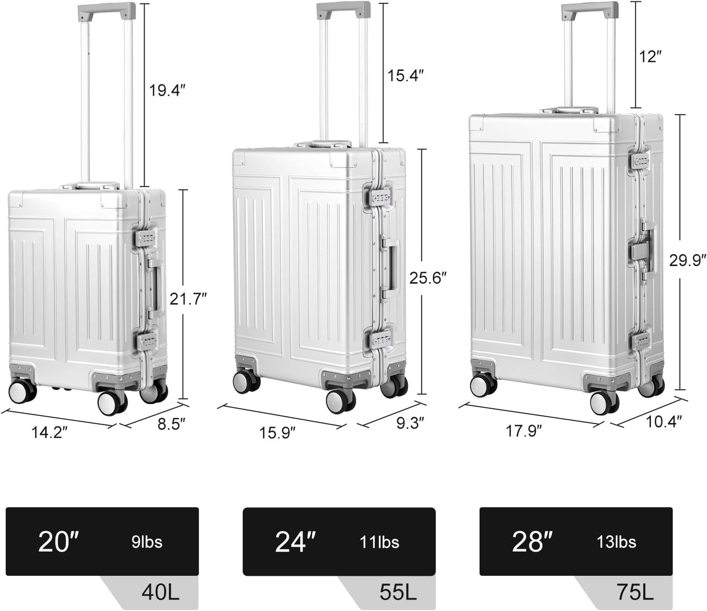 All Aluminum Magnesium Carry On Luggage๏ผCut from Whole Aluminum Sheet๏ผ22x14x9 Airline Approved ๏ผ๏ผ3rd Generation๏ผPremium Magnesium Metal zipperless suitcase ๏ผ (silvery, 24inch)