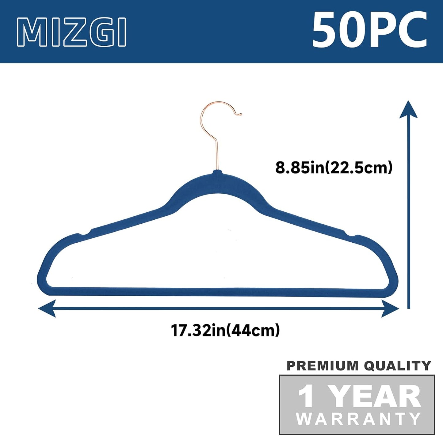 MIZGI Premium Velvet Hangers (50 Pack) Heavy Duty - Non Slip Felt Hangers - Velvet Suit Hanger Mediterranean Blue - Rose Gold Hooks,Space Saving Clothes Hanger