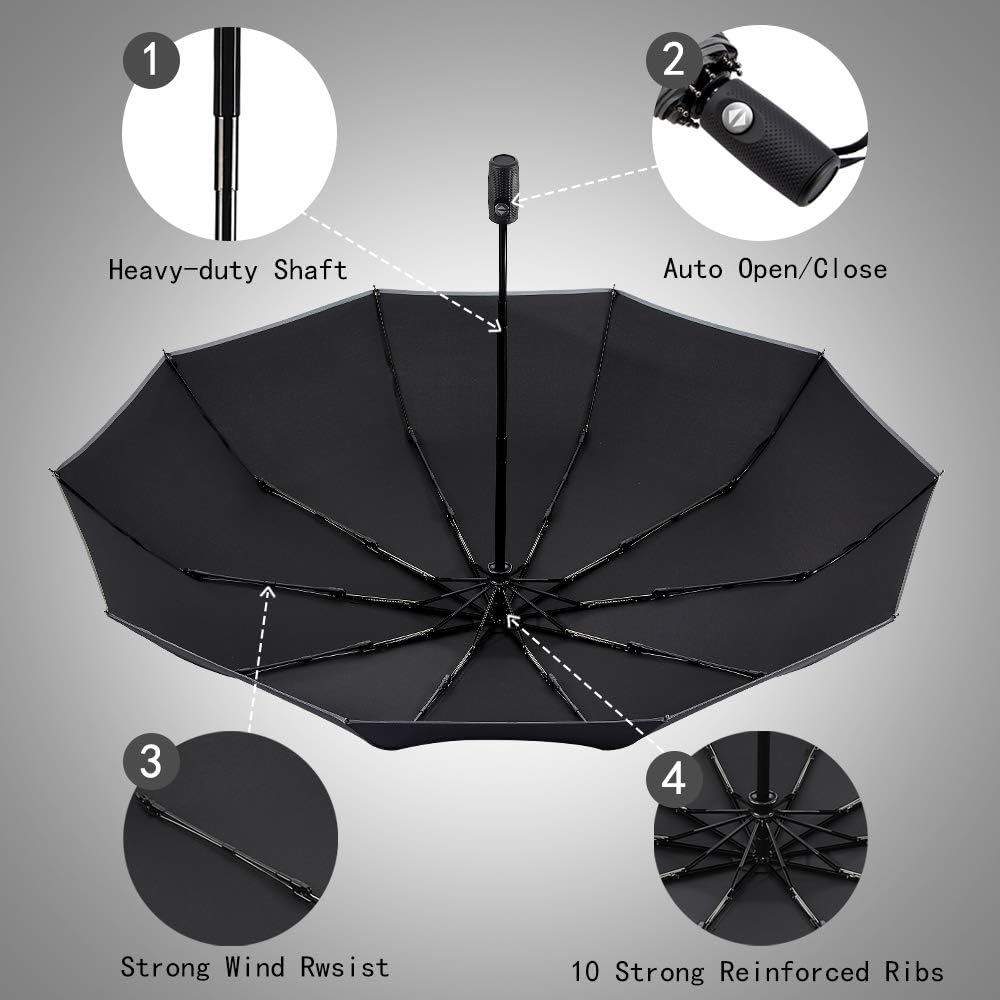 FDJASGY Windproof Travel Umbrella with Teflon Coating Auto Open Close Lightweight Sun&Rain Umbrella with 10 Rib Construction and Reflective Stripe Zipper Pouch