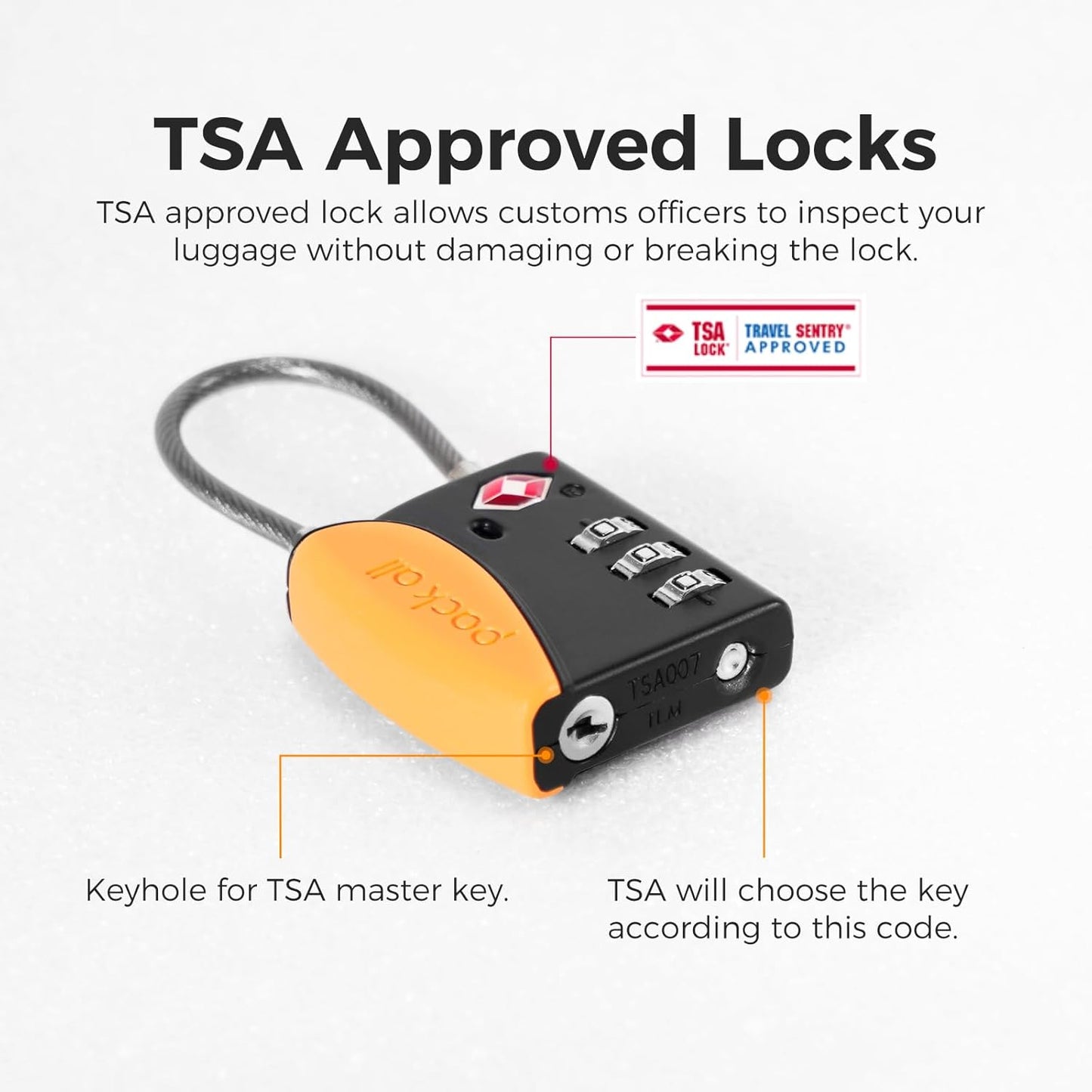 pack all TSA Approved Cable Luggage Locks, 3 Digit Combination Padlocks, Travel Lock for Suitcases & Bag, Alloy Body, Travel Accessories (1 Pack)(Orange)