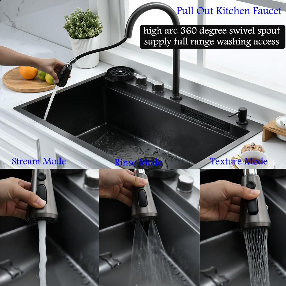 33 Inch Black Waterfall Drop In Kitchen Sink with Fuacet Combo-Bokaiya 33x22 Waterfall Kitchen Sink with Cup Washer Stainess Steel Top Mount 16 Gauge Deep Single Bowl Modern Kitchen Sinks