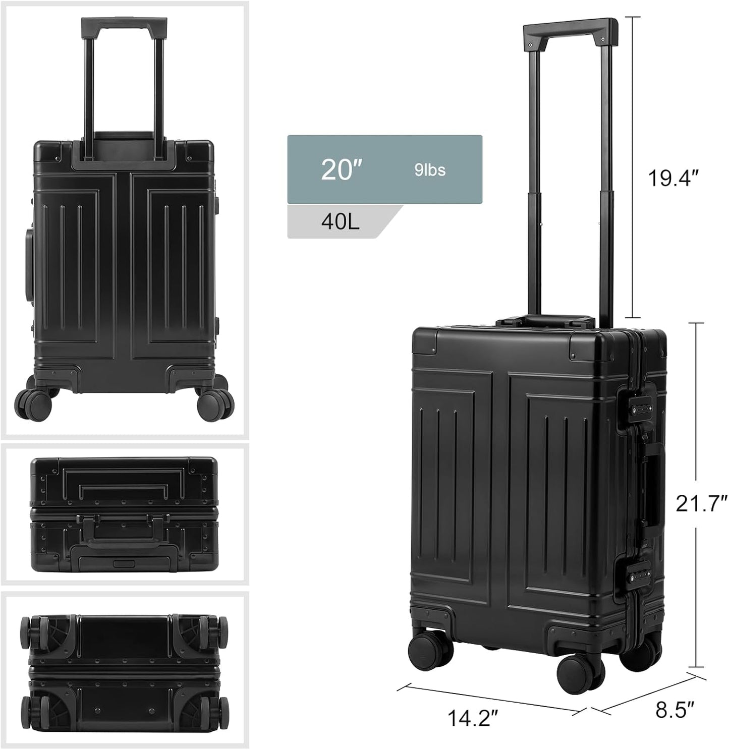 All Aluminum Carry On Luggage๏ผCut from Whole Aluminum Sheet๏ผ22x14x9 Airline Approved ๏ผ๏ผ3rd Generation๏ผPremium Metal zipperless suitcase ๏ผ (black, 20inch)