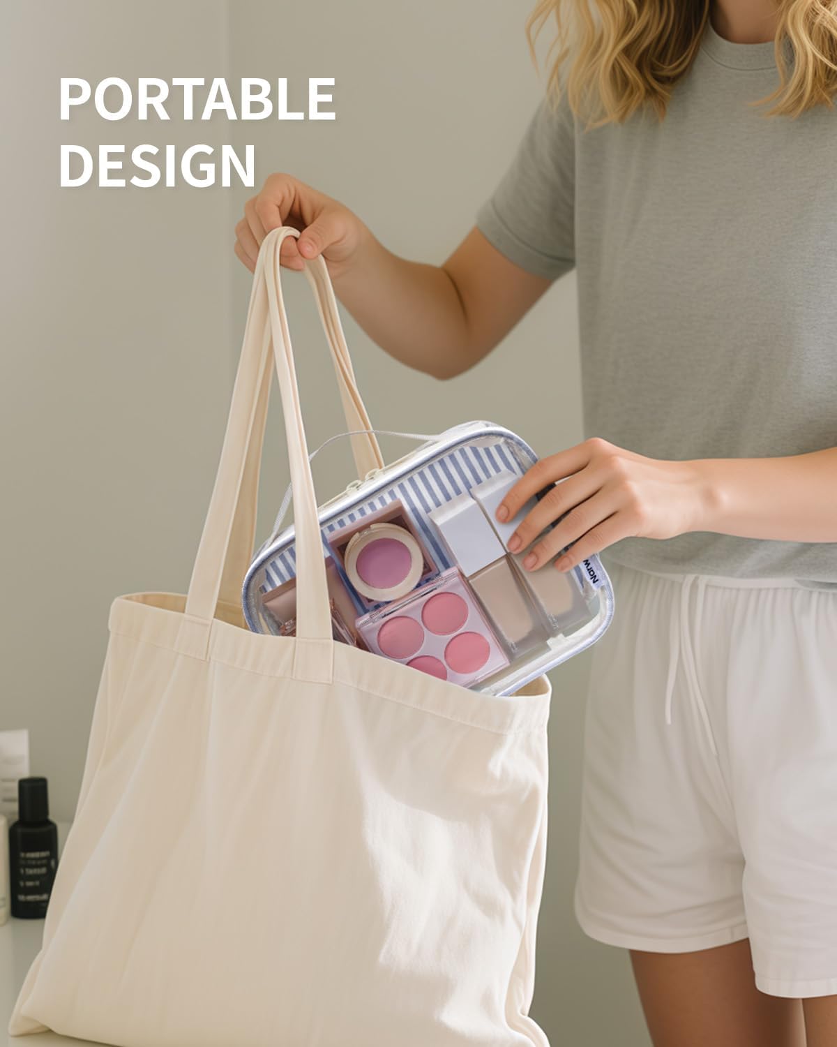 Narwey TSA Approved Clear Toiletry Bag for Travel, Waterproof PVC Clear Makeup Bags, Portable Compact Cosmetic Bag Make Up Organizer, Airport Airline Quart Size Compliant Bag (Greyish Blue Stripe)