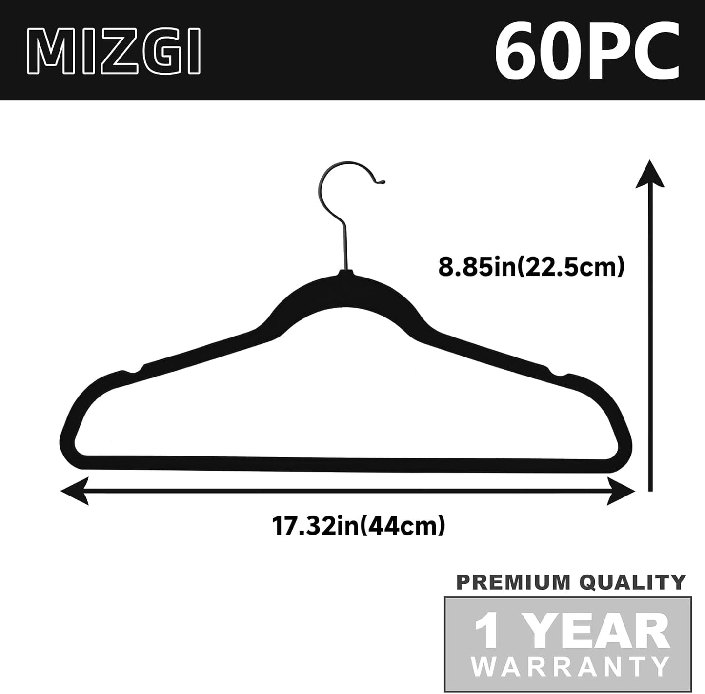 MIZGI Premium Velvet Hangers (60 Pack) Heavy Duty - Non Slip Felt Hangers- Velvet Suit Hanger Black - Black Coated Hooks,Space Saving Clothes Hangers