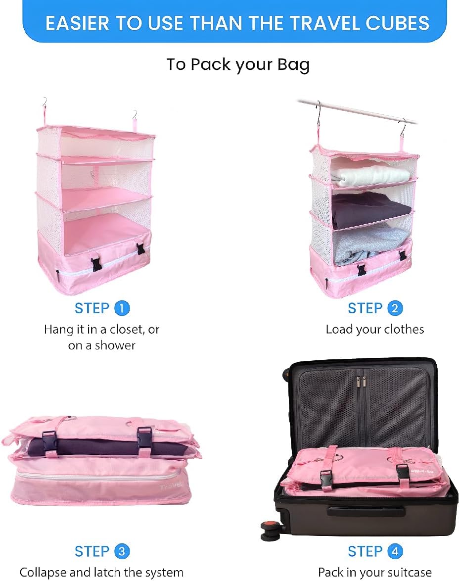 Grand Fusion Stow-N-Go Travel Luggage Organizer – Portable Hanging Travel Shelves, Carry-On Closet Organizer, Hanging Packing Cubes, Collapsible Carry-On Organizer for Cruises & Hotels. Pink - XL