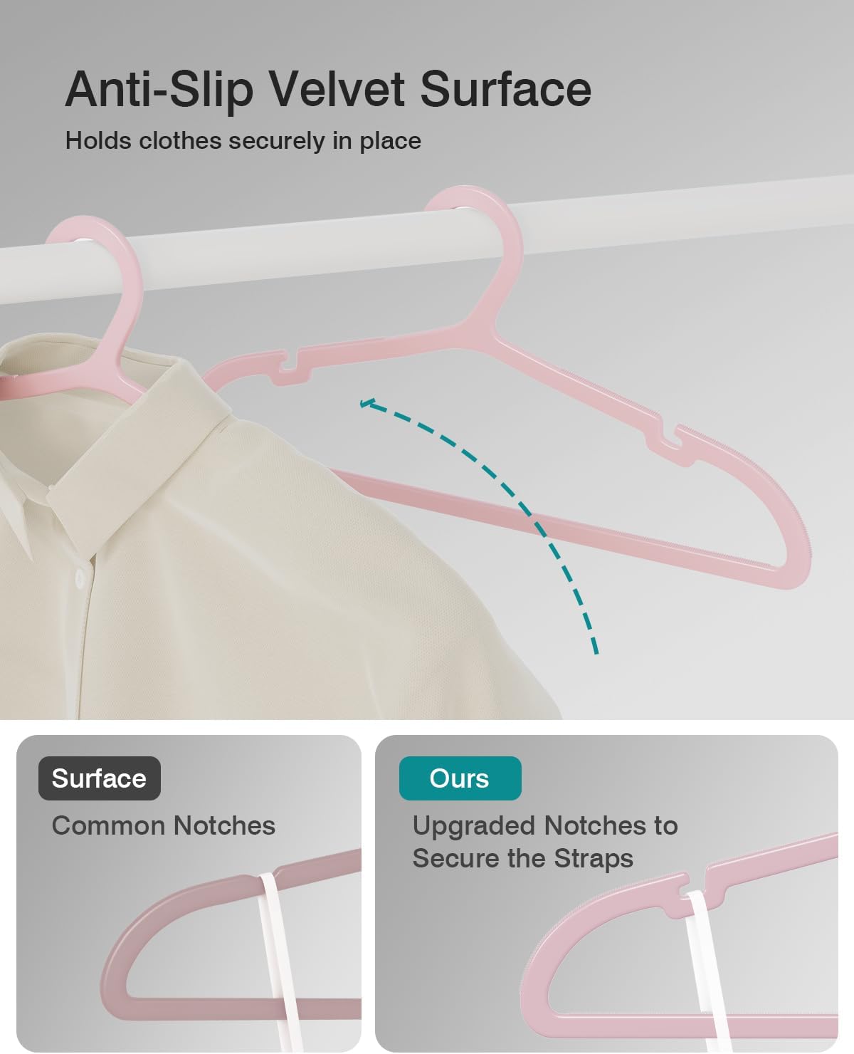 80 Pack Clothes Hangers, Non Slip Plastic Coat Hangers, Space Saving, Heavy Duty, Hanging Dry Wet Clothes, 16.4" x 8.3", Light Pink, UAPY0580P