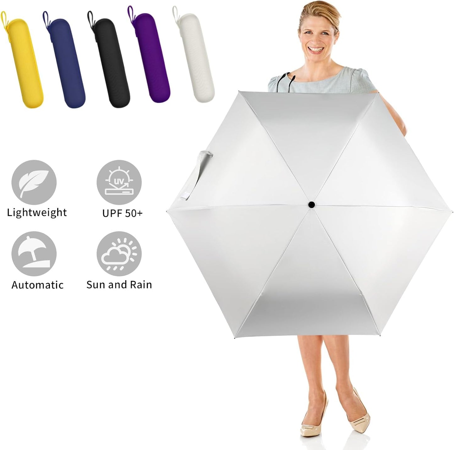 GAOYAING Compact Automatic Travel Umbrella with Case, Mini Small Folding Sun UV, Pocket Purse Umbrella