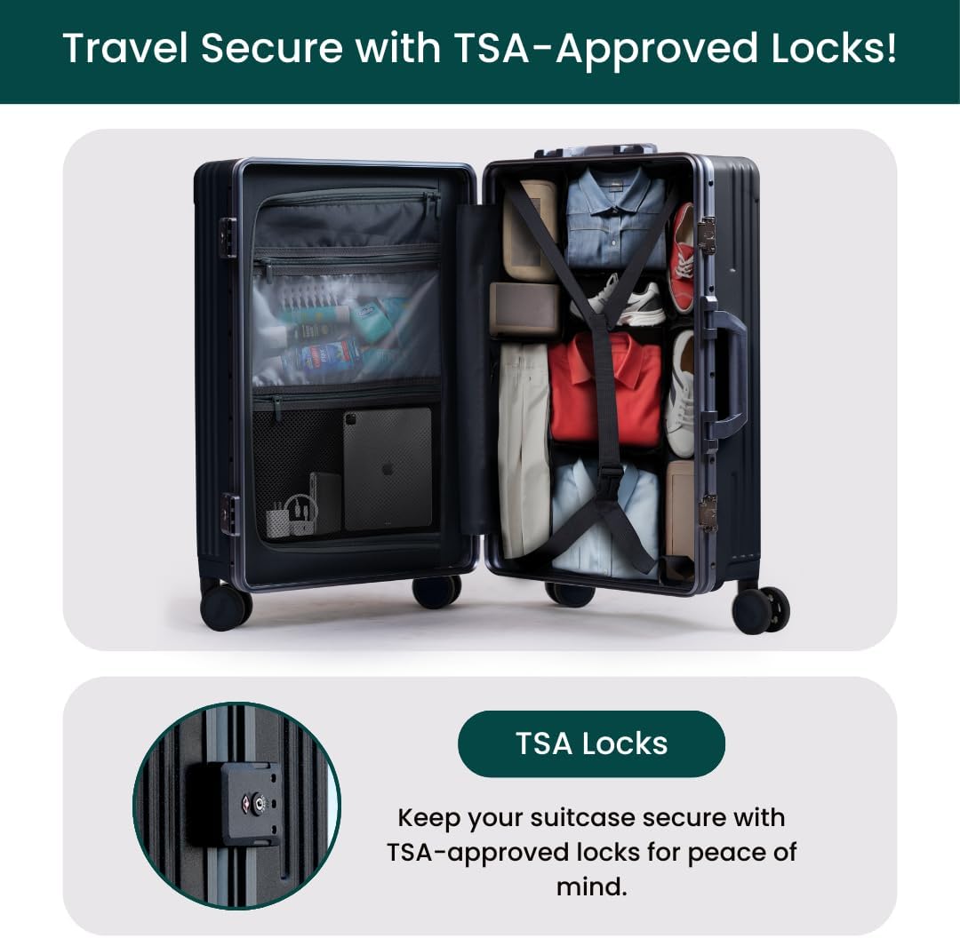 Nobl Travel Carry On Luggage, Noble Zipperless Aluminum Frame PC Hard Shell Suitcase, 20.8"x15"x8.7" Airline Approved, 360° Spinner Wheels, TSA Locks, USB Charging Port, Cup & Phone Holder - Black