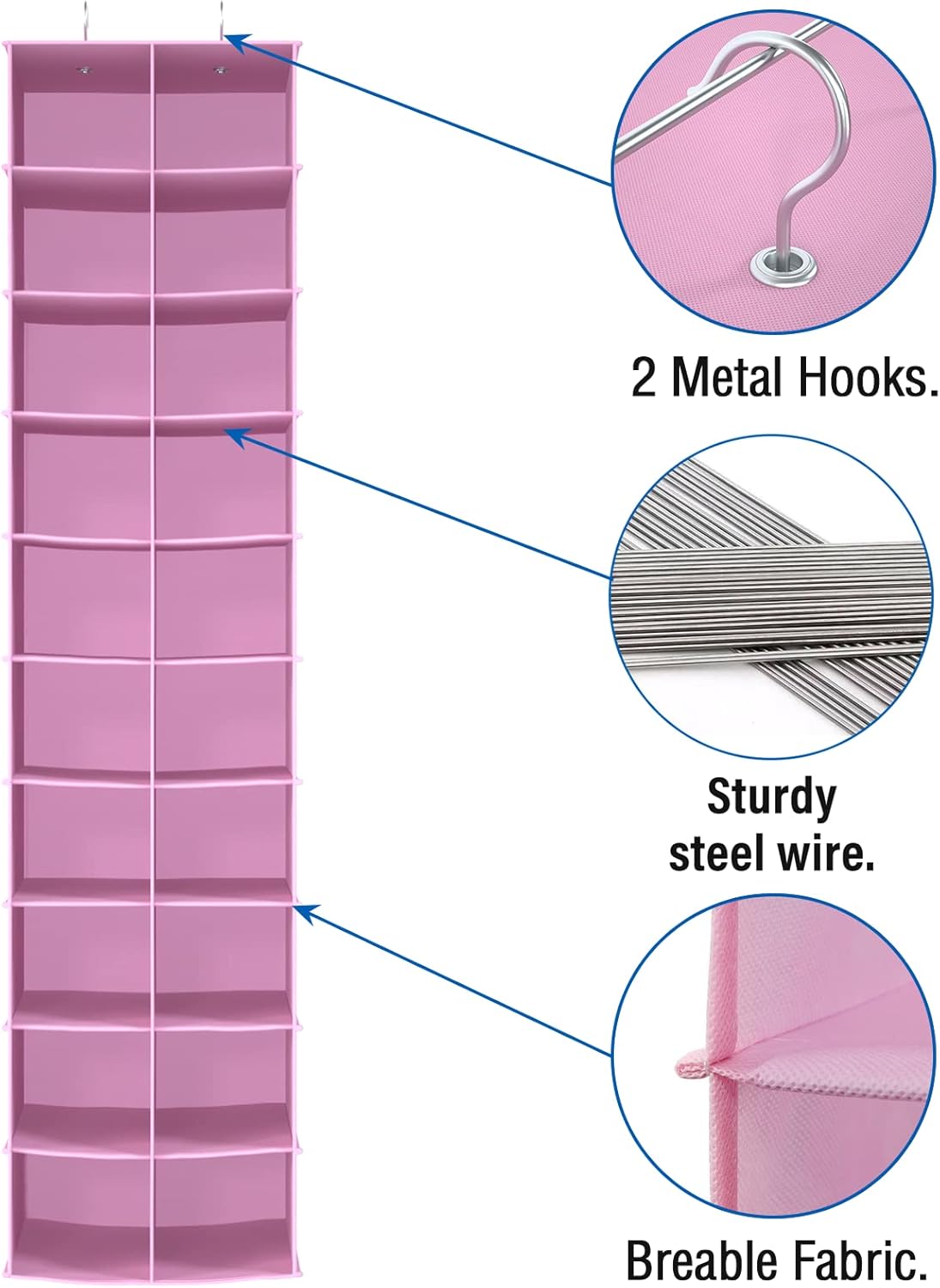 coastal rose Hanging Shoe Organizer for Closet, 20 Sections Hanging Closet Organizers and Storage Shelves, Space Saving Shoe Storage Rack Holder, Pink, 12''W×12''Dx 50''H