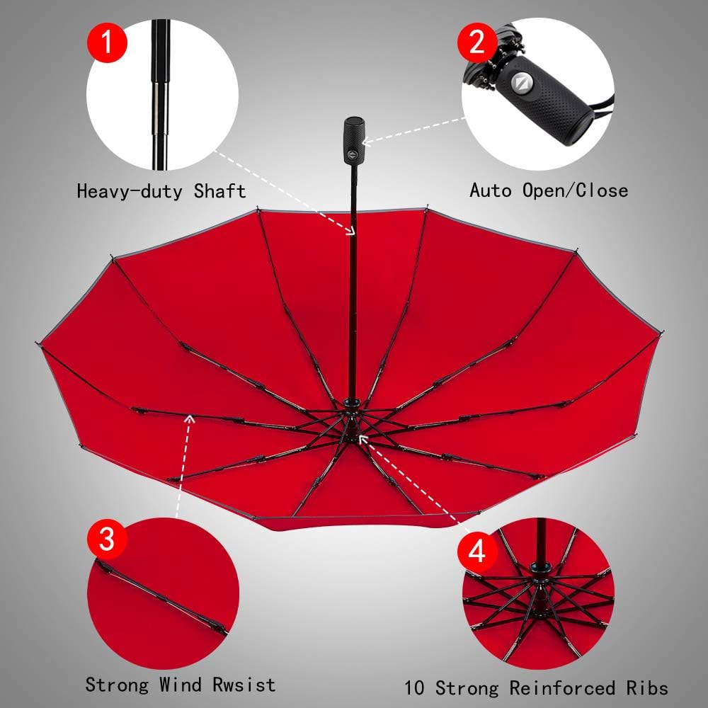 FDJASGY Windproof Travel Umbrella with Teflon Coating Auto Open Close Lightweight Sun&Rain Umbrella with 10 Rib Construction and Reflective Stripe Zipper Pouch