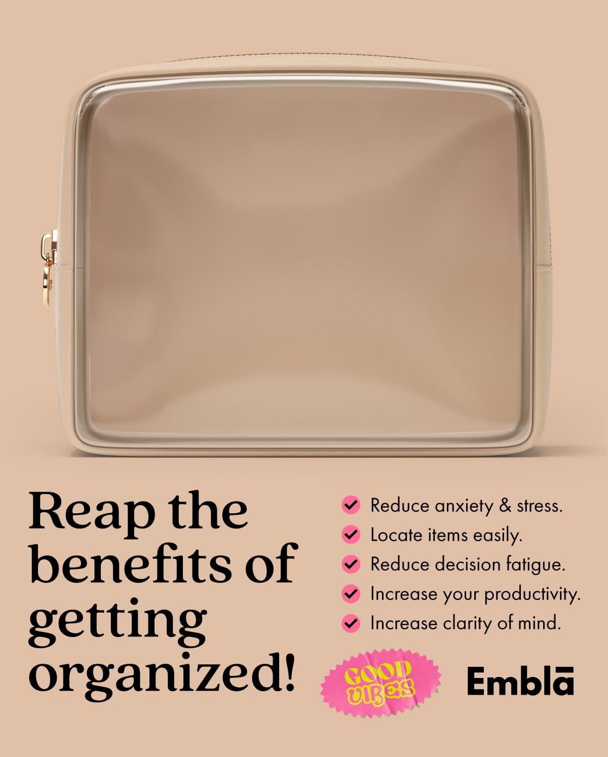 Clear Makeup Bag Zipper Pouch, Transparent Cosmetic Case Organizer, TSA Approved Travel Toiletry Case, Travel Accessories Essentials Makeup Tote for Women, Large Cute Make up Bag for Purse - Sand