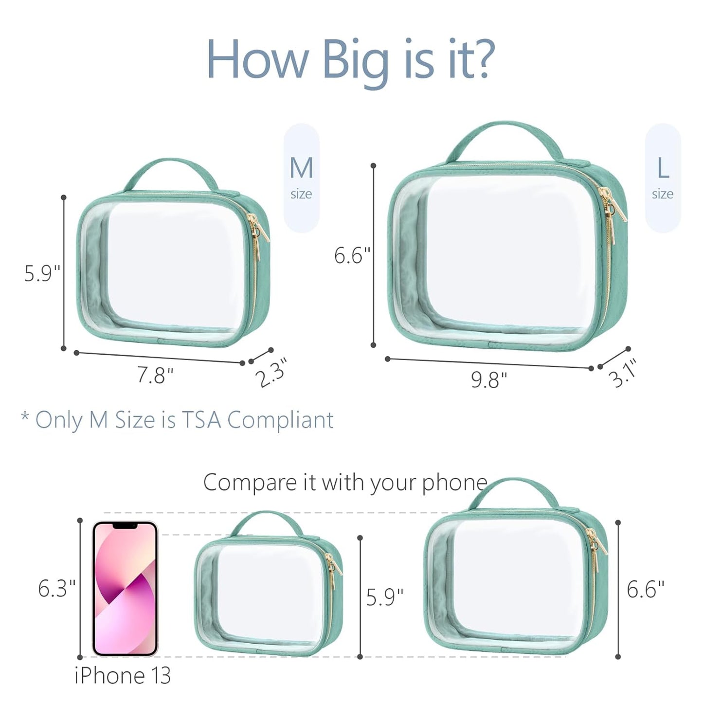 PACKISM TSA Approved Toiletry Bag, 2 Pack Clear Makeup Bags with Handle Large Opening, Clear Toiletry Bags Fit Carry-on Travel Essential, Travel Bags for Toiletries, Turquoise Green