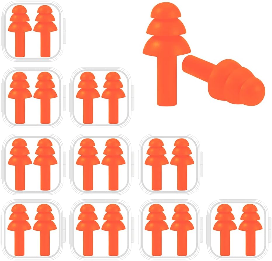 10 Pairs Noise Cancelling Ear Plugs, Premium Soft Silicone, Reusable, Waterproof, Hypoallergenic, Earplugs for Swimming, Airplanes, Concerts, Shooting, Travelling, Sleeping & Snoring (Orange)